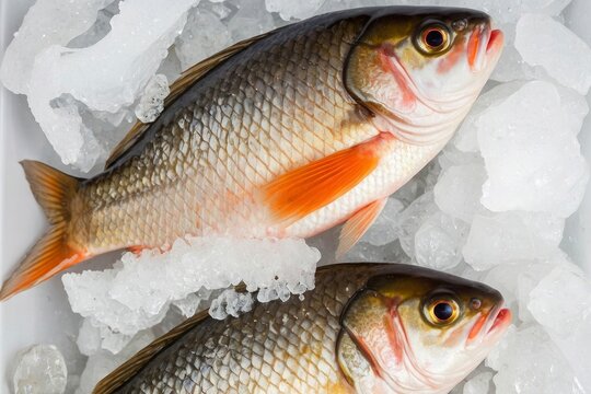 Two freshly caught common Rudd fish lie on crushed ice. The fish have silver scales, orange fins, and red eyes. They are popular in European cuisine.