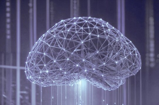 Abstract glowing polygonal brain network on dark blue background with digital technology concept