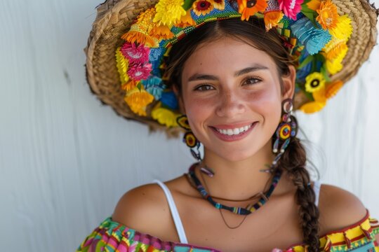 Festa Junina. Portrait of Brazilian woman in typical clothes. Festa Junina clothes. Brazilian woman at Festa Junina. Horizontal banking poster background for web