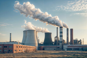 Modern chemical plant emitting thick black smoke leading to air pollution in clear summer sky