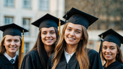 Four cheerful female graduates in mortarboards posing for a photo after the ceremony