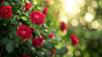  sweet red roses, leavess, lush, sunlight, sweet red roses , bunch and natural background