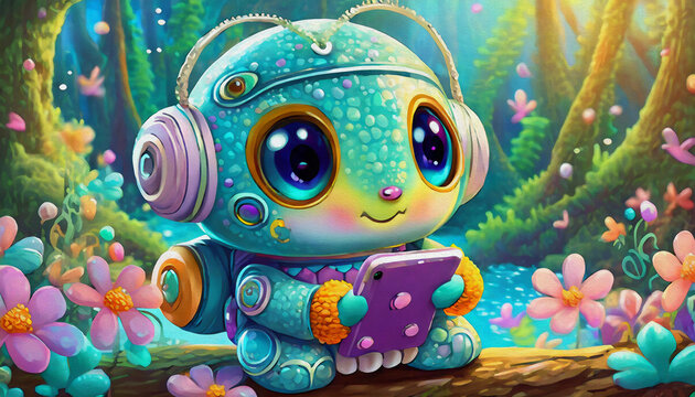 oil painting style CARTOON CHARACTER CUTE BABY robot hold a cell phone with flames