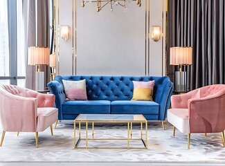 Beautiful living room interior with a blue sofa and pink and gold armchairs standing on a white carpet in a modern home decor style