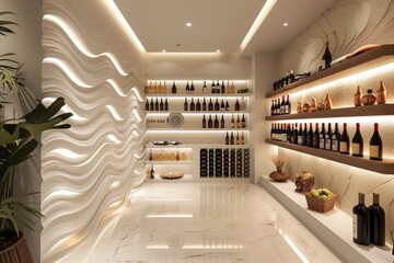 A sophisticated wine cellar with white shelving and soft lighting, displaying an extensive collection of fine wines. Interior background, house model