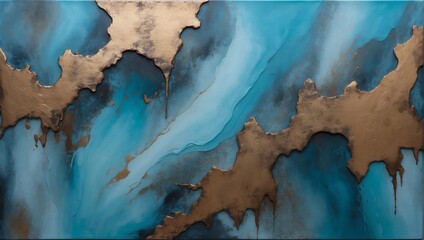 Moody abstract painted background in misty cerulean, granite, and aged bronze.