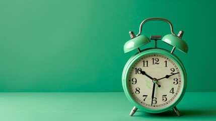 Vintage green twin bell alarm clock on a green background