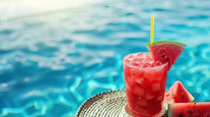 a refreshing summer vacation with a watermelon cocktail placed by the edge of a swimming pool, adorned with sunglasses and a hat.