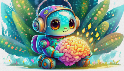 oil painting style CARTOON CHARACTER CUTE BABY robot hold a human brain with flames