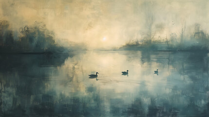Obraz na płótnie Canvas A painted lake shrouded in morning mist, bathed in the first light of dawn, accompanied by ducks