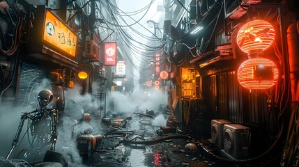 Futuristic Neon Noir: Tokyo Alley and Fallen Cyborg. Concept Sci-fi, Neon Lights, Cyberpunk, Tokyo, Mysterious Alleyway - obrazy, fototapety, plakaty