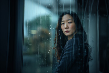 East Asian woman looking out window, rain, somber, serious, introspect, businesswoman