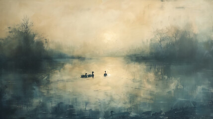 Obraz na płótnie Canvas Scenic lake in morning mist, bathed in soft dawn glow, featuring serene ducks, hand-painted landscape capturing tranquil nature awakening