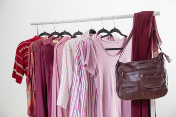 women's clothing in pink and burgundy trendy colors on a hanger - 789623375