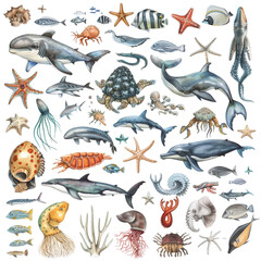 A collection of marine animals including fish, starfish, and octopus