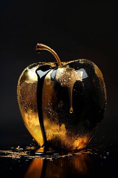 Elegant and mysterious, this rich image shows a golden apple split on a dark background with droplets