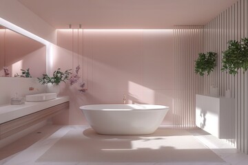 Chic modern bathroom with sunlight filtering through, highlighting the pink tiled walls and elegant freestanding bathtub..