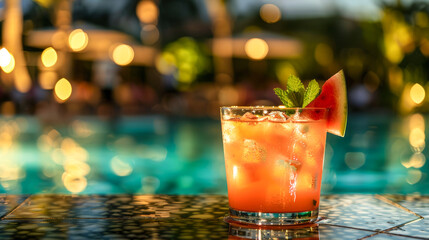 Chilled watermelon drink on a pool bar with bokeh light reflections