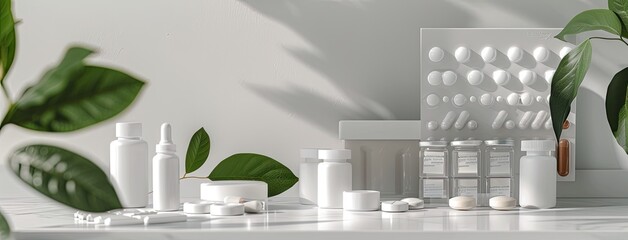 a white table adorned with medicine pills and vials, creating a sleek mockup against a subdued grey background. - obrazy, fototapety, plakaty