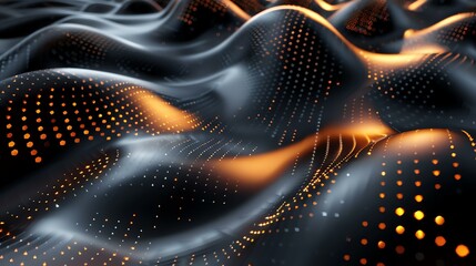 3D rendering of a dark, wavy surface with glowing orange dots. The surface appears to be made of...