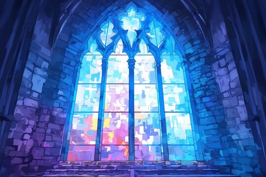 A vibrant illustration of a Gothic stained glass window, colors streaming through in a dark chapel, radiant blues and reds, white background, vivid watercolor, 100% isolate
