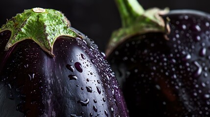 Close-up of a wet eggplant with water drops on its skin. The eggplant is dark purple in color and has a smooth, shiny surface.