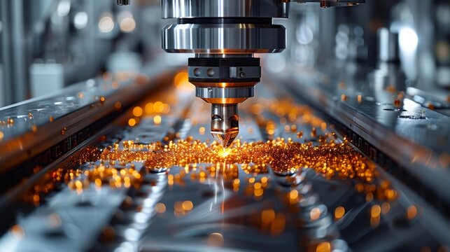 High precision CNC machining center in operation, cutting with sparks on metallic surface showing industry processes