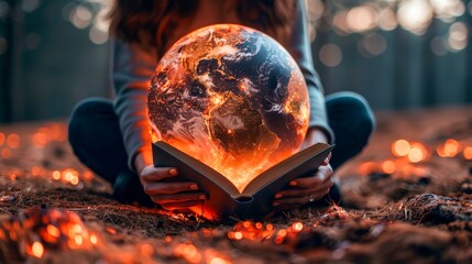 A girl holding an open book with the Earth floating above it. - obrazy, fototapety, plakaty