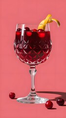 A cold crystal-clear glass filled with vibrant red cranberry juice, adorned with floating cranberries and a twist of lemon peel. with a complete white background
