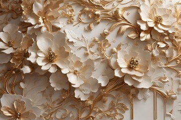 Illuminate a plaster wall with an elegant decorative texture, adorned with voluminous floral motifs and shimmering golden waves, subtle golden flowers, modern luxury wall, abstract floral background