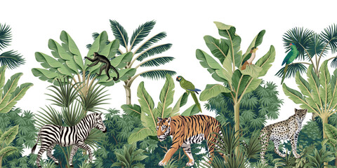 Tropical vintage botanical landscape, tiger, zebra, leopard, monkey animal, green parrot, palm tree, banana tree, plant floral seamless border white background. Exotic jungle wallpaper. - obrazy, fototapety, plakaty
