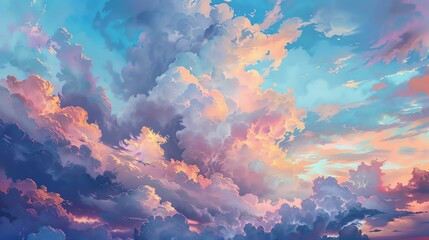 A beautiful cloudscape with a variety of colors. The clouds are mostly white, but there are also areas of pink, blue, and purple.