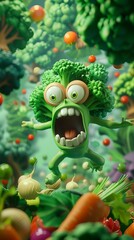 Animated broccoli character looking scared surrounded by an assortment of vegetables, depicting fear or health