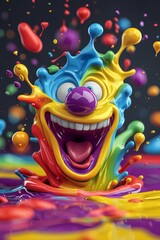 Splashes of vivid colors form a clown face with an oversized mouth and a clown nose, creating a feeling of joy and excitement