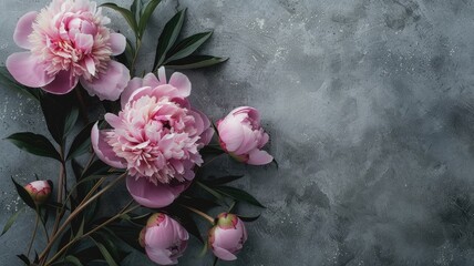 Pink peonies bouquet on gray backdrop Flowering plant from rose family - obrazy, fototapety, plakaty