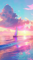 A serene scene featuring a sailboat sailing on calm waters under a pastel-hued sunset sky, invoking peace and calm
