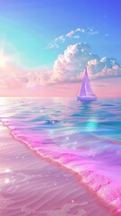 A digital artwork of a peaceful beach scene complimented by a sailboat and pink-tinted clouds contributing to a dreamy ambiance - obrazy, fototapety, plakaty