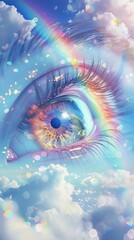 A dreamy surreal image shows a detailed eye reflecting clouds and a rainbow amidst a sparkling sky