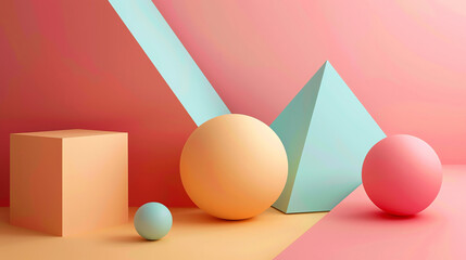 3D rendering of geometric shapes. A pink sphere, a blue sphere, a yellow sphere, a pink pyramid, and a yellow cube. The background is pink and yellow.