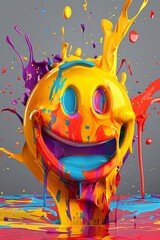 A 3D orange emoji shows joy and excitement, surrounded by splashing orange paint on a gray background