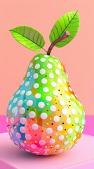 A vibrant image showcasing a colorful, dotted pear with fresh green leaves on a pink and peach pastel background
