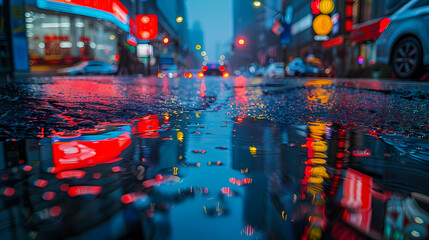 Rainy Night Reflections on City Street