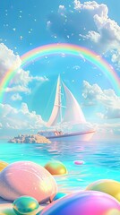 A dreamlike seascape with a sailing boat under a vibrant rainbow among colorful bubbles and a clear sky