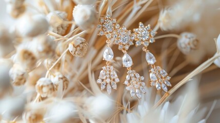 Golden chandelier earrings with diamonds and crystals on a soft, neutral background. Wedding and elegance concept