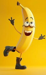 An amusing 3D rendered image of a banana character with big expressive eyes and wearing trendy boots