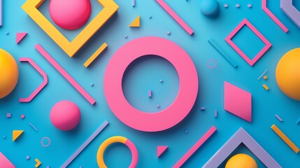 3D rendering of geometric shapes. Pink, blue, and yellow shapes of different sizes and shapes arranged on a blue background.