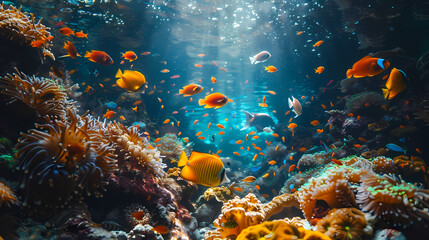 Naklejka na ściany i meble Vibrant Underwater Scene With Tropical Fish and Corals