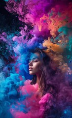 An artistic representation of a woman with closed eyes enveloped by vibrant, multicolored smoke plumes
