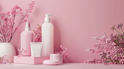 Obraz na płótnie Canvas Elegant beauty products and skincare essentials against a pink backdrop with decorative flowers. Feminine self-care and beauty concept