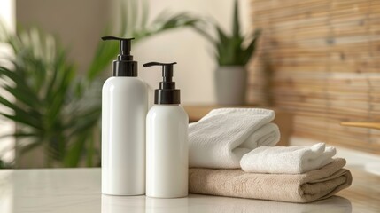 Obraz na płótnie Canvas White blank label bottles with dispenser on marble countertop with rolled towels and plant background. Spa and wellness setting with copy space